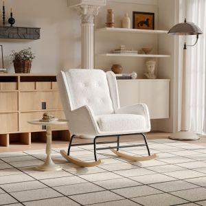 Fauteuil à BasculeRocking ChairChaise de BureauRevêtement Tissu BlancPieds en BoisStyle ScandinavePour SalonChambreBalcon