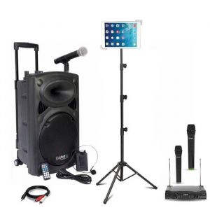 Pack Enceinte Karaoke portable USB Bluetooth Ibiza PORT15VHF-BT 800W 4 micros sans fil - Support tablette SMM20 - Soir&eacute;e F&ecirc;te Sono