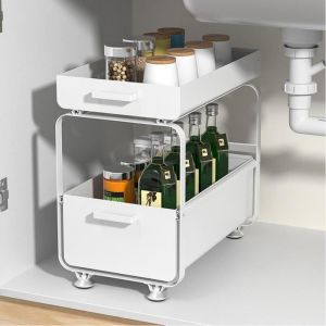 Panier de Rangement avec 2 tiroirs Meuble sous-évier de cuisine à 2 étages Etagère Coulissant pour Cuisine P40xL26xH40 cm Blanc
