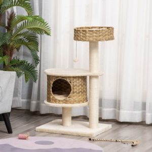 Arbre &Agrave; Chat Rotin 55x47x95cm Naturel&Beige - Avec Grotte Douillette Et Balle De Jeu Griffoir Pour Petit Chat Design &Eacute;l&eacute;gant