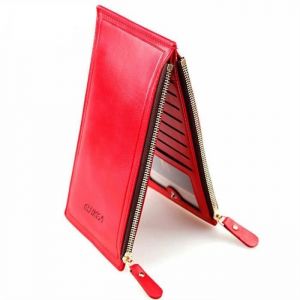 Porte-cartes / portefeuille ultramince CUIKCA rouge &ndash; 16 cartes double zip rangement monnaie billet et smartphone
