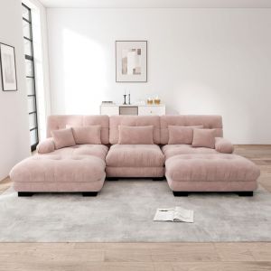 Canap&eacute; nuage en forme de U canap&eacute; 3 places en chenille avec coussins et pouf canap&eacute; capitonn&eacute; avec accoudoirs pour salonRose
