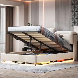 Lit coffre flottant 160x200cm lit adulte double avec tête de lit design et éclairage LED intégré lit rembourré moderne beige