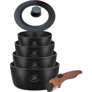 set de casserole 6 pièces Royal Swiss® - Poignée amovible - avec couvercle pour tous feux + induction - Noir - sans PFOA - PFAS