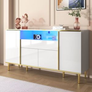 Buffet Bas - Buffet Bahut LED - 4 Portes et 1 Tiroir - B150/T40/H80cm - Blanc Finition Brillante - Meubles de Rangement pour Salon
