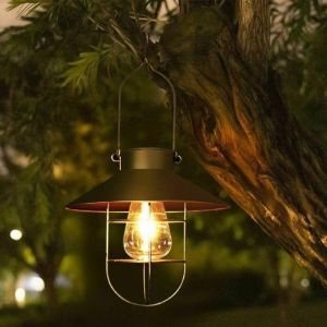 Lampe solaire dextérieur en bronze avec crochet en S et grand disque Lustre rétro Lampe suspendue en fer forgé pour jardin