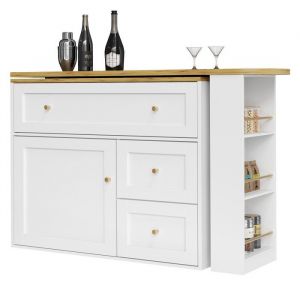 Table de bar extensible 138-204x39x105 cm blanc - Buffet cuisine avec rangement &eacute;tag&egrave;re snack & &icirc;lot
