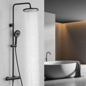 Colonne de Douche Thermostatique 40°C Ensemble de Douche Noir Douchette 3 Jets Kit de Douche Hauteur Réglable Mitigeur en Laiton