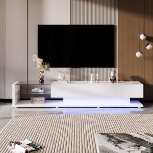 Meuble TV Moderne 170 x 36 x 38 cm Blanc Laqu&eacute; avec &Eacute;tag&egrave;res en Verre et &Eacute;clairage LED Variable &ndash; Banc TV 2 Tiroirs Design &Eacute;l&eacute;gant