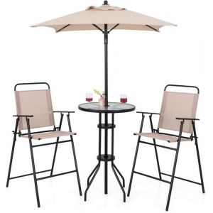 GOPLUS Salon de Jardin 4 Pièces avec Table de Bar en Verre Trempé 2 Chaises Pliantes & Parasol-Cadre Métallique Robuste Beige