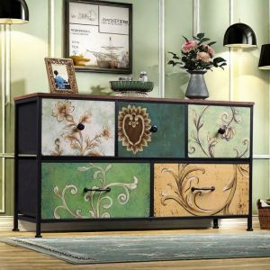 Commode 5 Tiroirs - Commode Chambre - Meuble de Rangement - Bohème Meuble Tiroir - Tiroirs avec Manche et Pieds - Multicolore