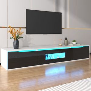 Armoire TV El&eacute;gante Meuble TV Haut Brillant Support TV Mural 3 Portes Sp&eacute;ciaux Table Blanc et noir avec Lumi&egrave;re LED 180x35x30cm