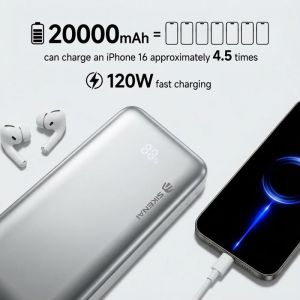 Power Bank-SIKENAI- chargeur portable de 20000 mAh 120W charge rapide 2 c&acirc;bles Int&eacute;gr&eacute;s Batterie Externe pour t&eacute;l&eacute;phone Portable