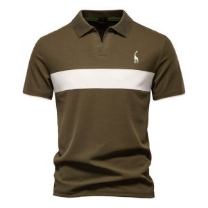 Polo Homme Manches Courtes Col V Broderie de Cerf Casual Polo Shirt Ete Regular Fit Couleur Contraste - Taille EU - Vert Militaire