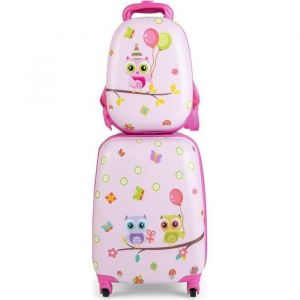 DREAMADE Valise Enfant 16’’+Sac à dos 12’’ Ensemble de Bagage avec 4 Roues Pivotantes à 360° & Poignée Réglable Motif Chouette