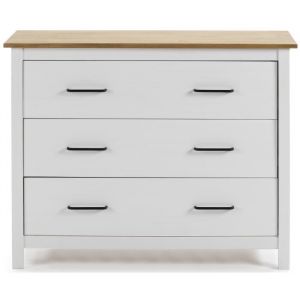 Commode en pin massif décor ciré blanc et chêne meuble de rangement - Longueur 100 x Profondeur 40 x Hauteur 80 cm