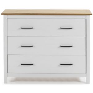 Commode en pin massif décor ciré blanc et chêne, meuble de rangement - Longueur 100 x Profondeur 40 x Hauteur 80 cm