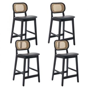 Wahson Tabouret de Bar Lot de 4 Tabouret Chaise de Bar en Bois et Cannage avec Coussin Imperméable pour Cuisine Cuir PU Noir