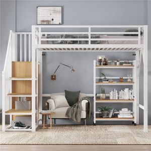 Lit Mezzanine 1 Place 90x200 avec Rangement &Eacute;tag&egrave;re Mobile et Penderie Escalier pour Ado Adulte M&eacute;tal Bois Naturel et Blanc