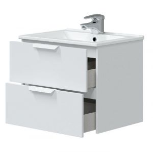 Meuble de salle de bain suspendu 60 cm avec 2 tiroirs coloris blanc sans miroir - Longueur 60 x Profondeur 45 x Hauteur 50 cm