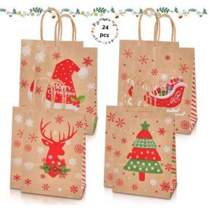 Sac cadeau - No&euml;l - Papier kraft - 24 pi&egrave;ces - Couleur peau de vache - 21x15x8cm