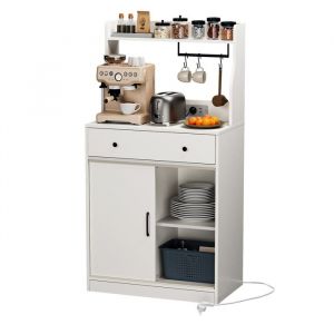 Buffet avec Tiroir et porte-Avec Compartiments ouverts-&Eacute;tag&egrave;res r&eacute;glables-Avec station de charge et ruban LED-70x40x134cm-Blanc