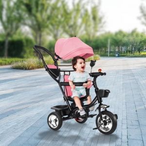 Tricycle Enfant Confort Rose - HOMEWELL - Baby Driver - 3 roues - Canne T&eacute;lescopique Amovible