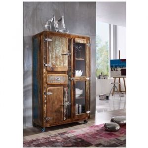 Buffet avec vitrine et roulettes - Bois massif recyclé laqué (Multicolore) - Inspiration Ethnique - FREEZY #34