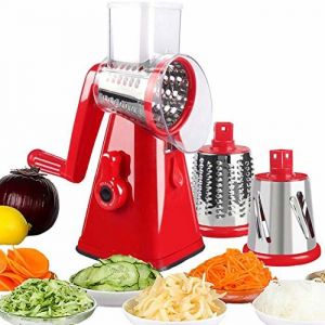 Râpe à fromage rotative Mandoline Râpe à légumes rotative manuelle avec 3 lames interchangeables facile à utiliser (rouge)