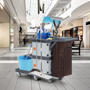 Chariot de Nettoyage- SALUT-Chariot de Menage à 6 Roues-95  x 49  x 22 cmGRIS3 Étagères 6 Roulettes et Poubelle