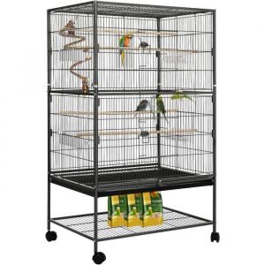 Grande Cage Oiseaux en Métal avec roulettes Volière avec Corde Jouet 2 Portes & 4 Perchoirs en Bois & 4 Mangeoires - pour Canarie