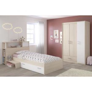 PARISOT Chambre enfant complète - Tête de lit + lit + armoire - Style contemporain - Décor acacia clair et blanc - CHARLEMAGNE