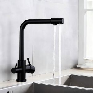 Robinet de Cuisine 3 Voies Mitigeur de Cuisine Noir avec Douchette Extractible Mitigeur Evier Cuisine Eau Potable Chaude et Froide