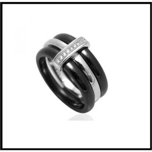 Bague en c&eacute;ramique noire et argent sertie de cristaux - BIJOUXIA