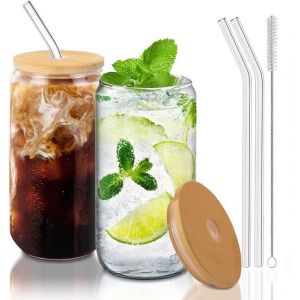 Gobelet &agrave; eau en verre de 500 ml， avec couvercle en bambou 2 pailles et 1 pinceau pour caf&eacute;、smoothies、cocktails、Whisky 2pcs
