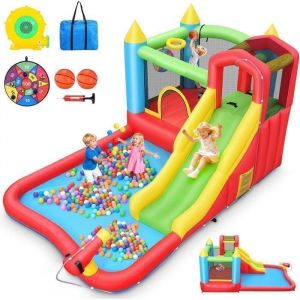 Ch&acirc;teau Gonflable pour Enfants 3-12 Ans 413x253x192cm avec Toboggan Trampoline Piscine &agrave; Balles Canon &agrave; Eau et 370W Souffleur