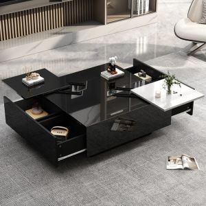 Table basse carr&eacute;e 75&times;75&times;335 cm - REDOM - design moderne en noir laqu&eacute; avec plateau blanc contrast&eacute;