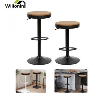 Lot de 2 Tabouret de bar en m&eacute;tal noir WILLONIN - Assise ronde en bois ch&ecirc;ne - Hauteur r&eacute;glable 58-80cm