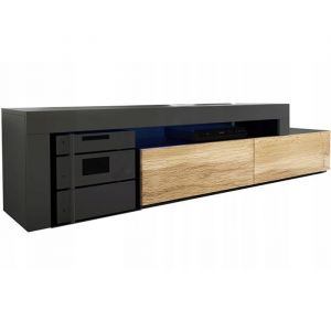 Meuble TV Flex Noir et Bois - LED Inclus - EXTENSIBLE - ANGLE - Industriel