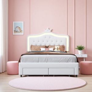 Lit enfants 14x200cm avec LED - Lit double avec rangement - Lit coffre avec 2 tiroirs - Tête de lit en forme de couronne - PU blanc