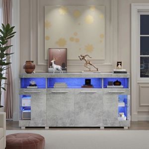 Buffet Bas LED - Novélys - 140cm - Style Industriel Effet Béton - Enfilade avec Portes Vitrées - Gris Ciment