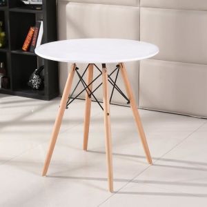 Table à Manger Ronde Scandinave Blanc Laqué Pieds bois - Bois - Rond - 4 places - Mat - 70 cm - 72 cm