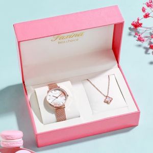 Coffret Cadeau Montre femme fille jeunes - Montre mode - Bracelet cristal cuir - Montre &agrave; quartz - Bo&icirc;te-cadeau - rose