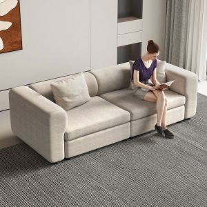 Canap&eacute; 2 places en tissu beige design scandinave moderne &ndash; assise profonde coussins moelleux id&eacute;al salon confortable