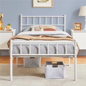 Cadre de Lit 90×200 cm Métallique Moderne avec Sommier Lit simple  pour 1 personnes à Lattes Surface de Couchage Blanc  YAHEETECH