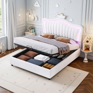 Lit capitonn&eacute; - Lit Coffre Enfant - Nov&eacute;lys - 140x200cm - Design Coquillage & Couronne avec LED - Cuir PU - Blanc