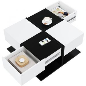 Table Basse Moderne Noire et Blancheavec 2 tiroirsTable de Salon carr&eacute;e avec Rangement Table Basse laqu&eacute;e Brillante