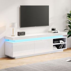 Armoire TV Brillante avec éclairage LED Meuble TV Buffet Bas Moderne2 PortesEtagèresBlanc170x35x50cm