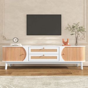 Meuble TV en rotin 170cm avec 2 portes et 2 tiroirs - Table TV en bois massif pour chambre à coucher salon style Scandinave