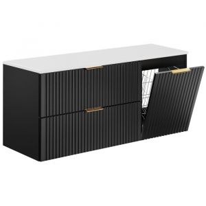 Meuble suspendu sous vasque ADEL NOIR 120 cm avec panier à linge et plan blanc